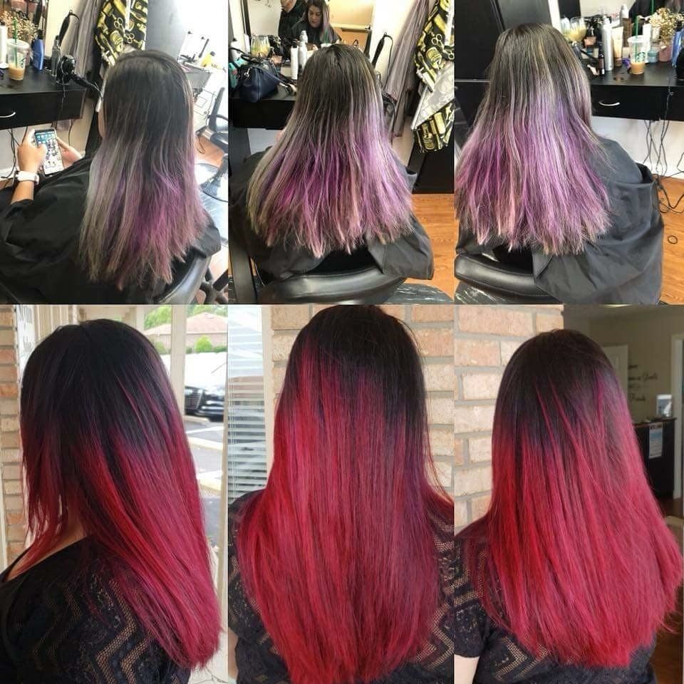 Three-panel collage of long hair dyed black to purple, then vivid red from salon back views