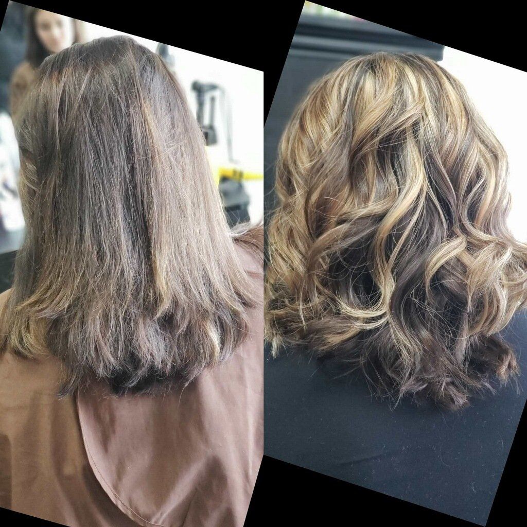 Side-by-side salon hair transformation: straight brown hair to layered, wavy blonde highlights.