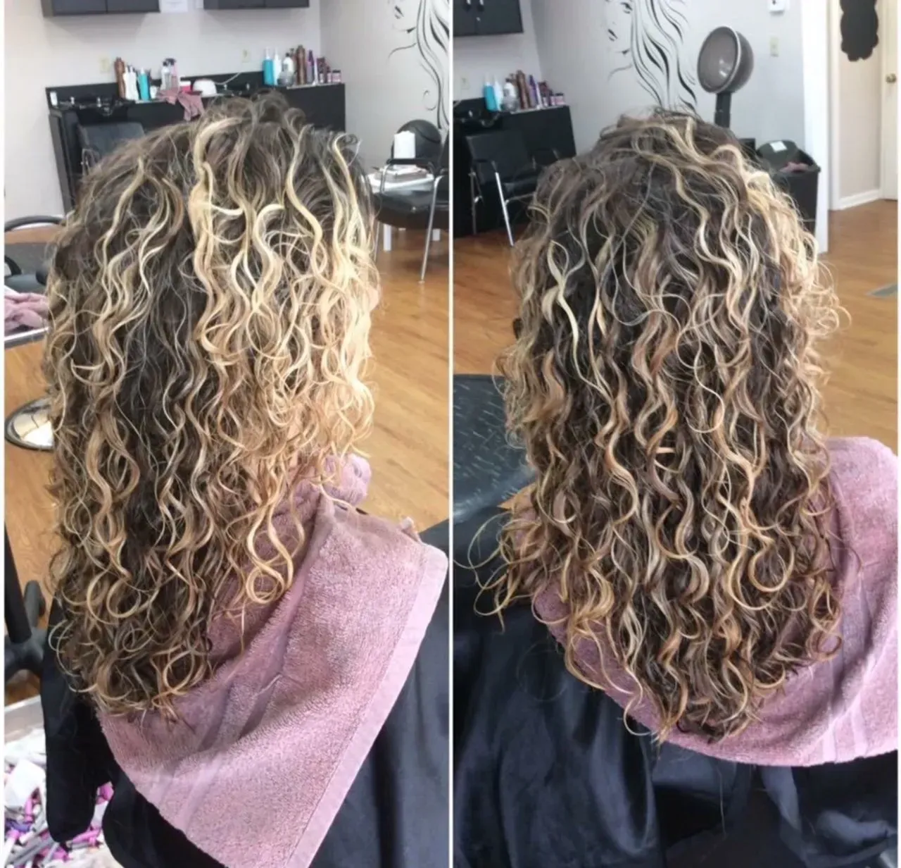 Before-and-after view of curly blonde hair from the back, showing a salon transformation.