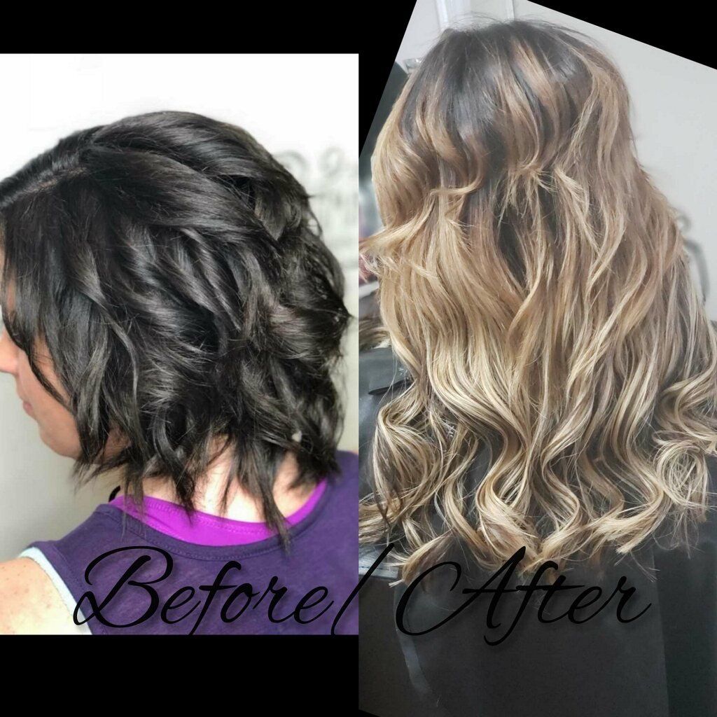 Hair makeover before-and-after: short dark curls to long wavy blonde balayage.