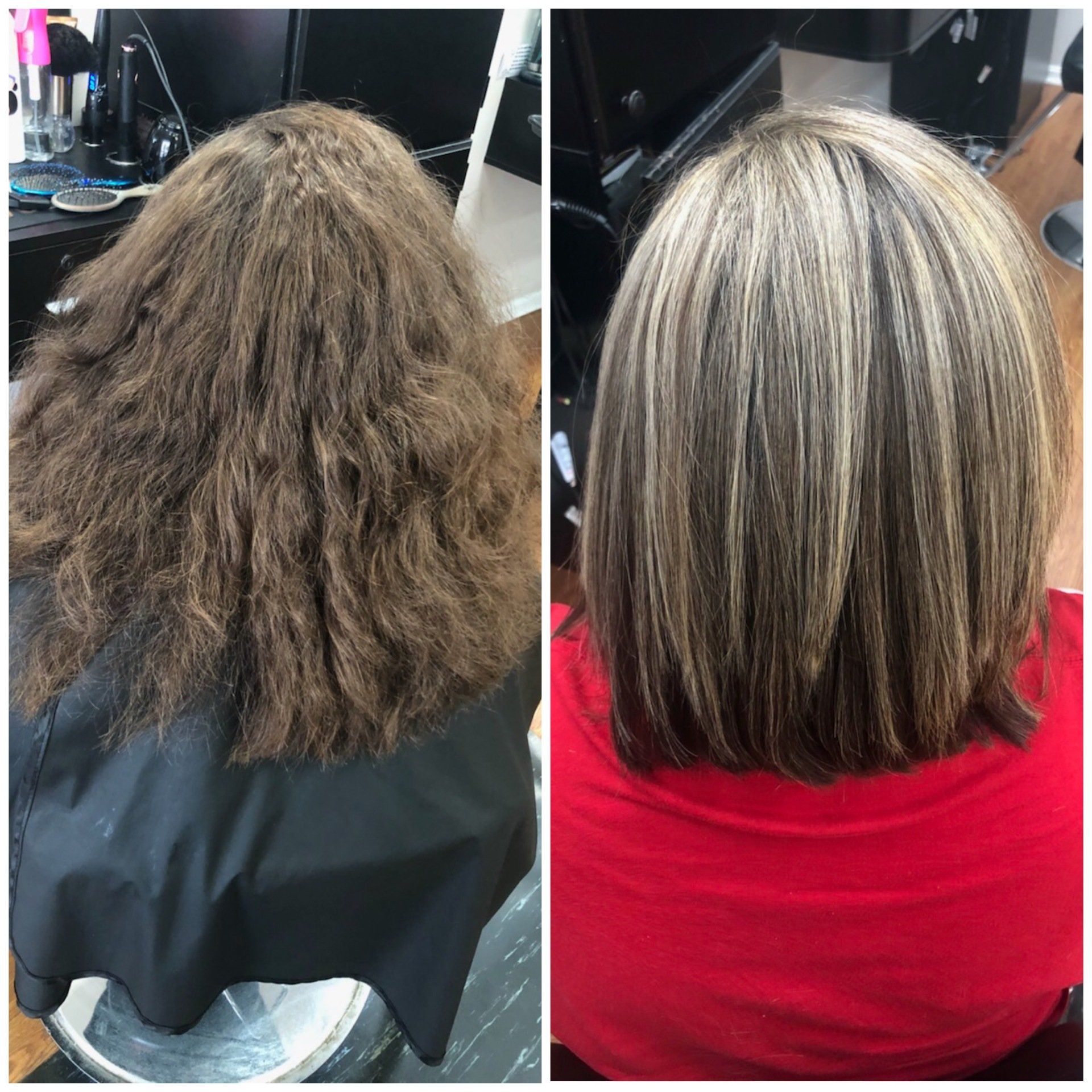 Side-by-side salon hair transformation: frizzy brown hair before, sleek highlighted straight hair after.