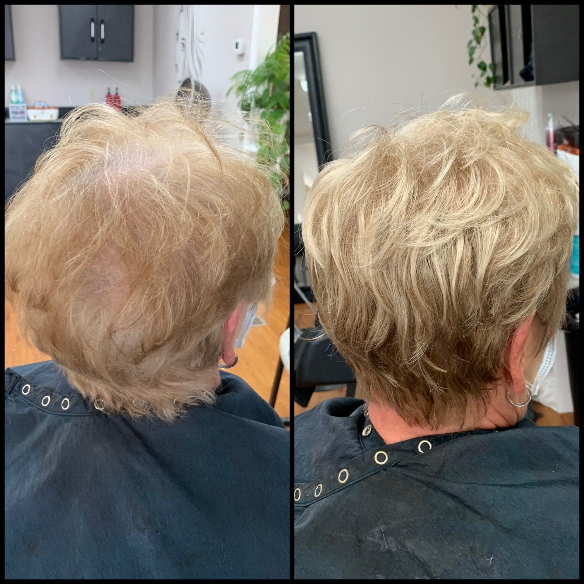 Before-and-after view of short blonde hair at a salon, showing a fuller, styled cut from the back.