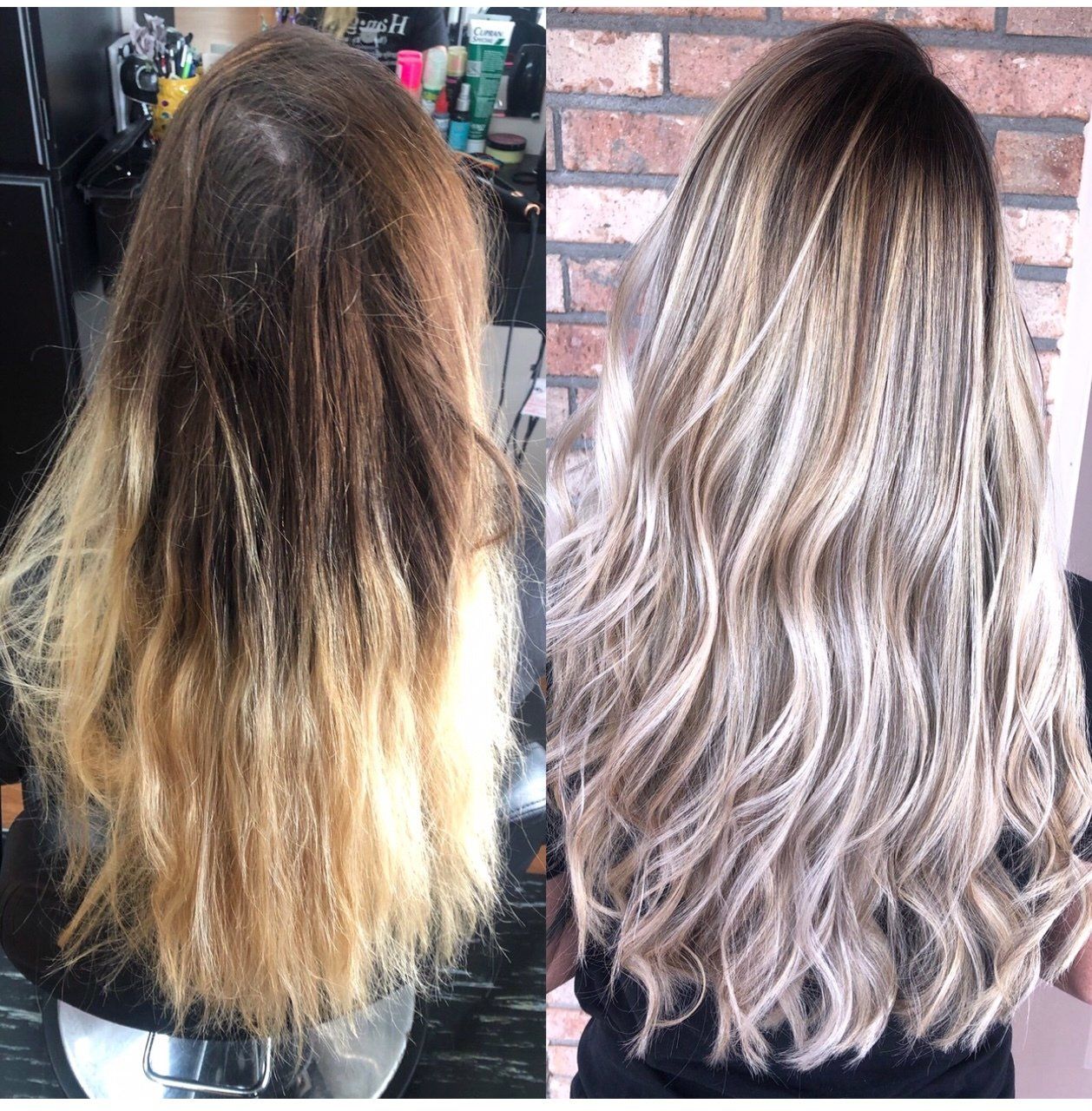 Hair color transformation: dark damaged hair to ash-blonde wavy ombré with smoother ends