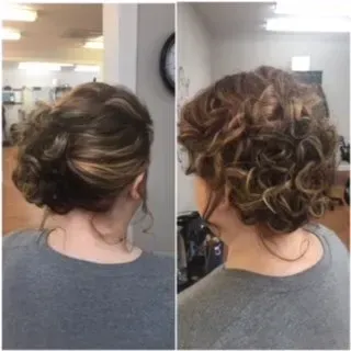 Side-by-side photos of an updo hairstyle with loose curls, shown from the back and side.