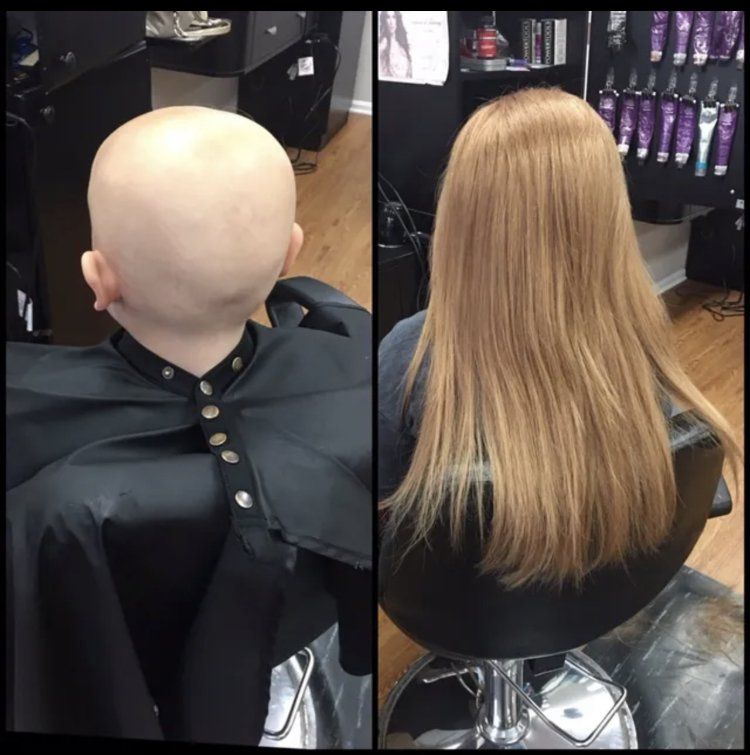 Split-screen salon comparison: shaved head on left, long straight blonde hair on right.