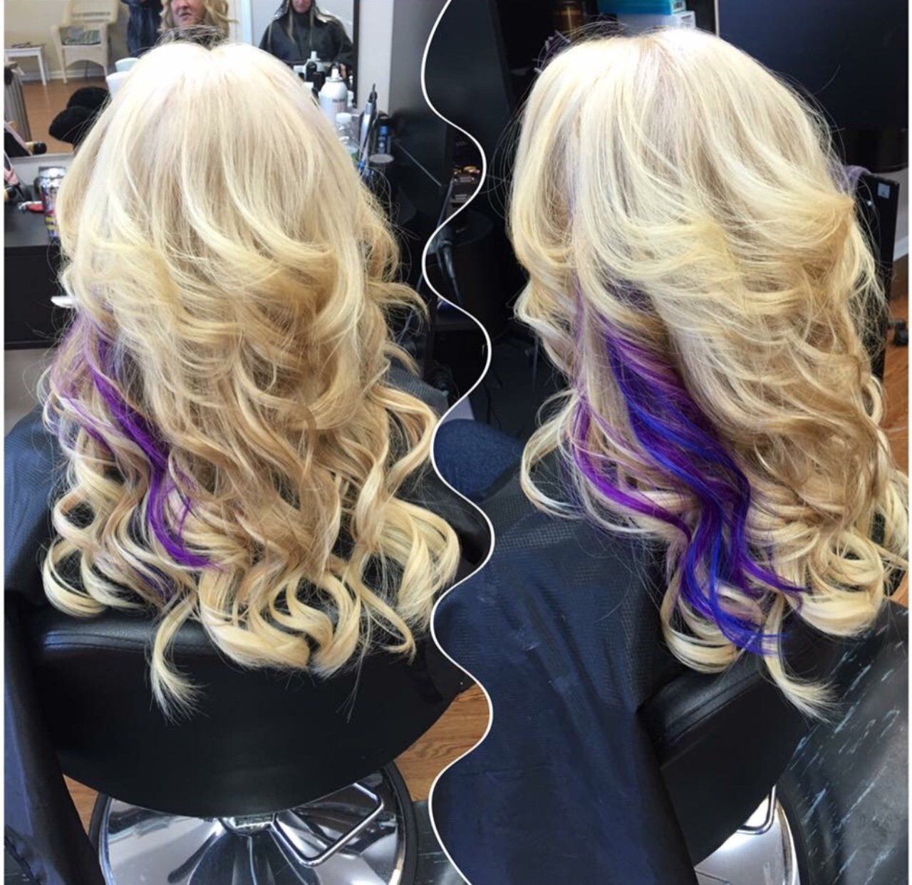 Blonde curly hairstyle with purple underlayers, shown from back and side in a salon chair