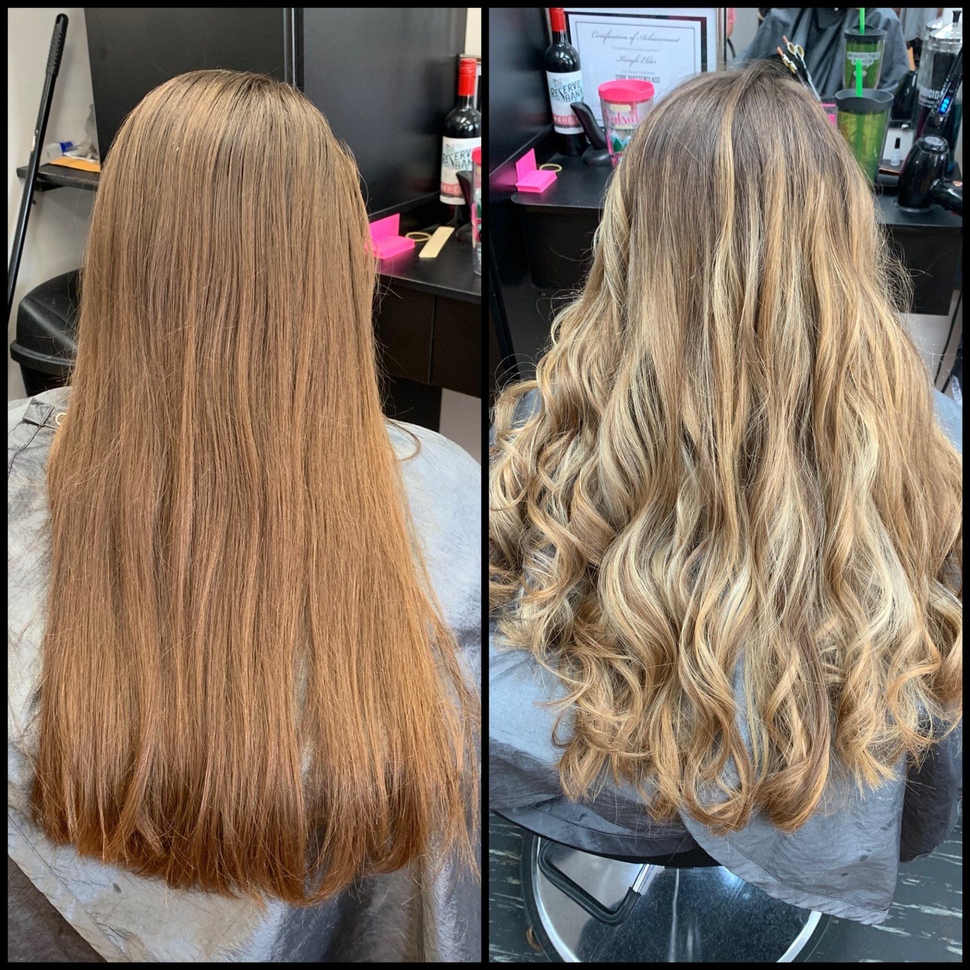 Before-and-after salon photo of long hair transformed from straight copper to curled blonde highlights