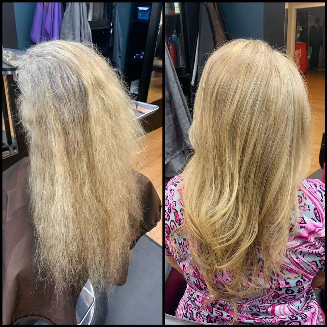Hair transformation: frizzy gray hair before, smooth layered blonde hair after.
