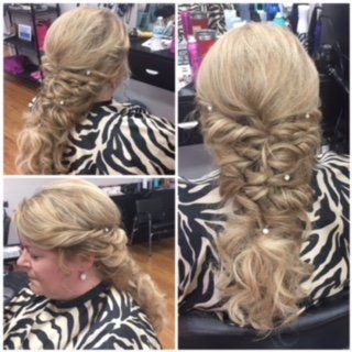 Three views of a blonde curly updo with braided twists and loose waves in a salon chair