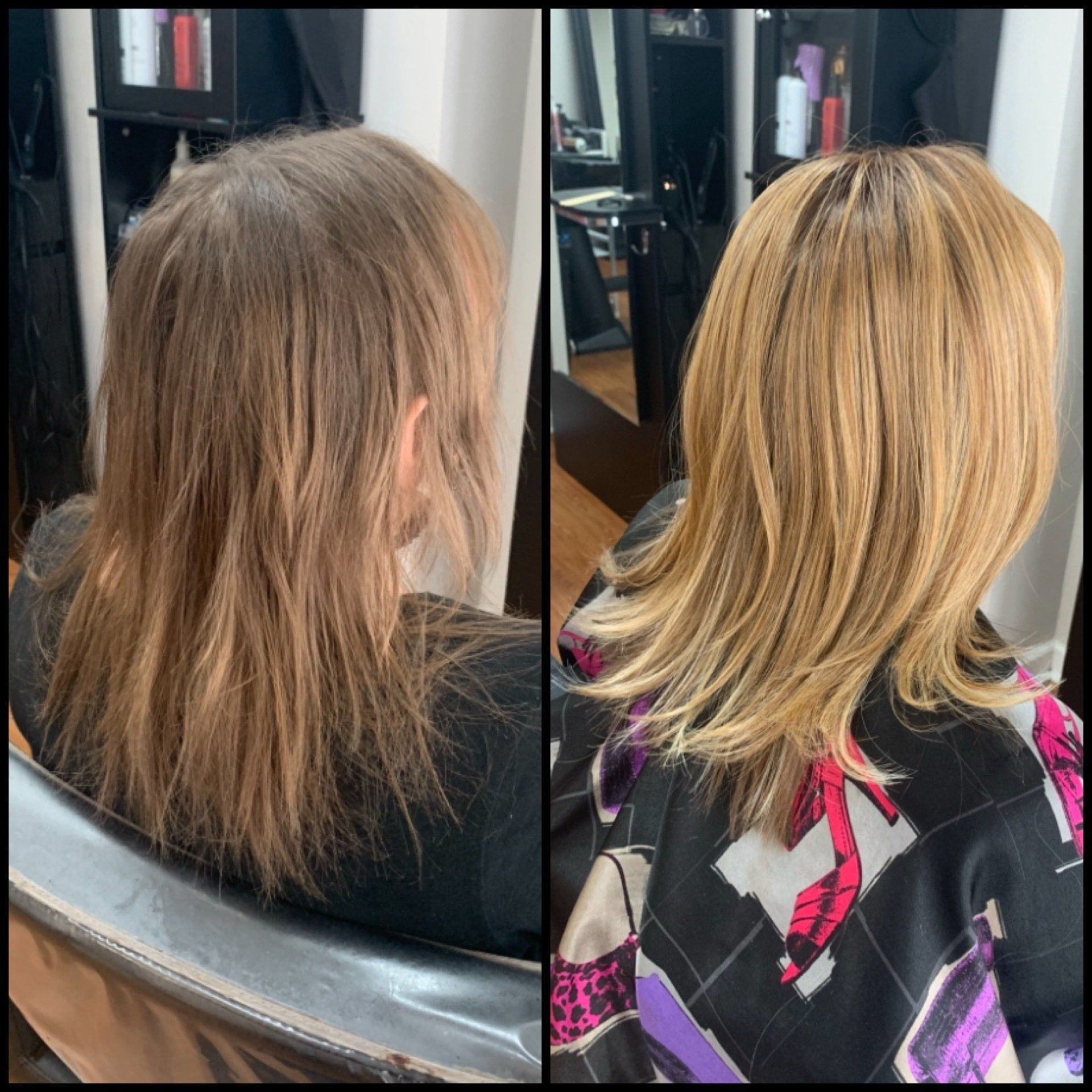 Hair transformation: long brown hair before and layered blonde hair after in a salon chair