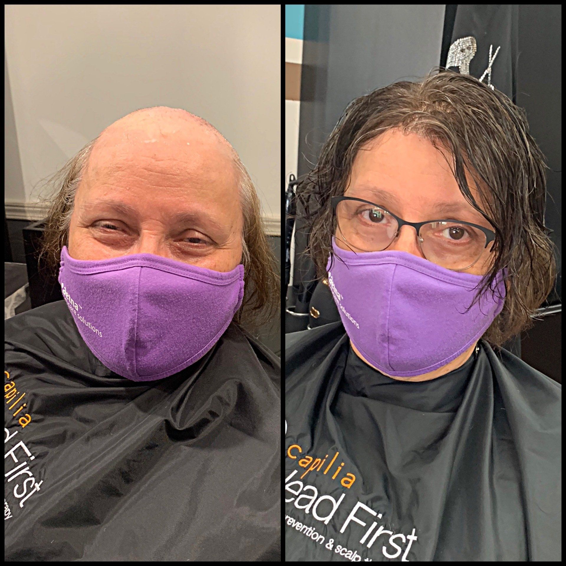 Side-by-side masked portraits with different hairstyles, both wearing salon capes