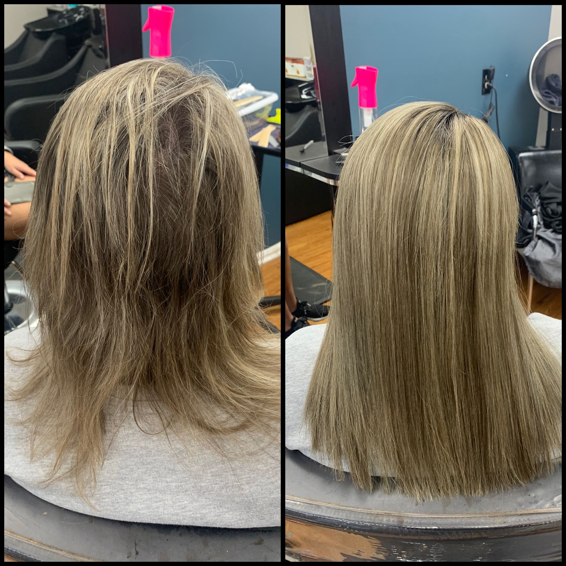 Before-and-after salon photo of blonde hair, showing smoother, straighter styling from back view