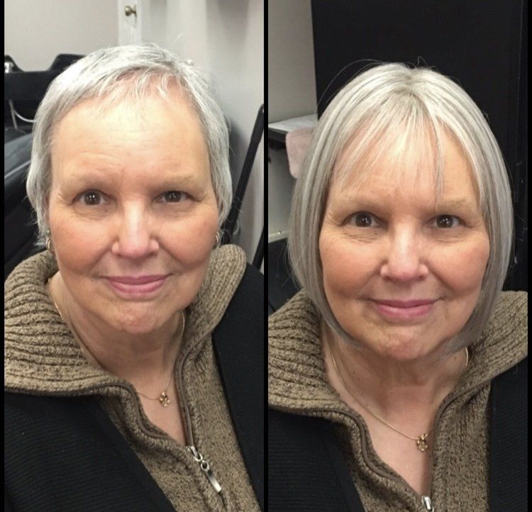 Side-by-side portraits of a woman with short gray hair, before and after a hairstyle change