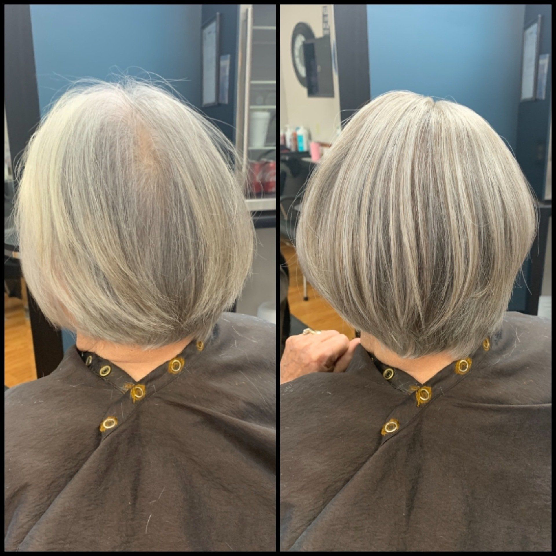 Short silver bob haircut shown from back and side in a salon, with layered highlights and darker lowlights