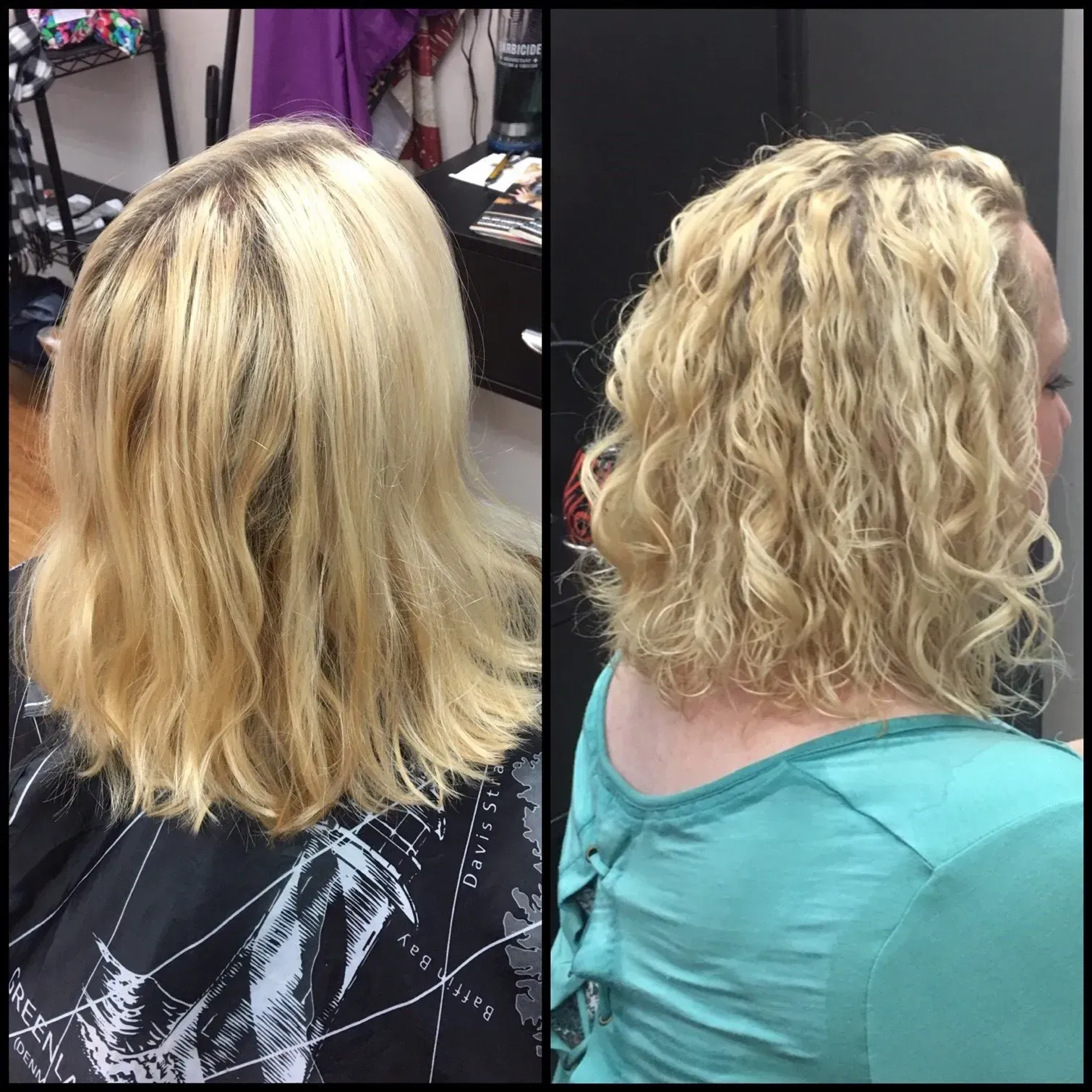 Before-and-after hair transformation: blonde shoulder-length hair on left, curly styled bob on right.