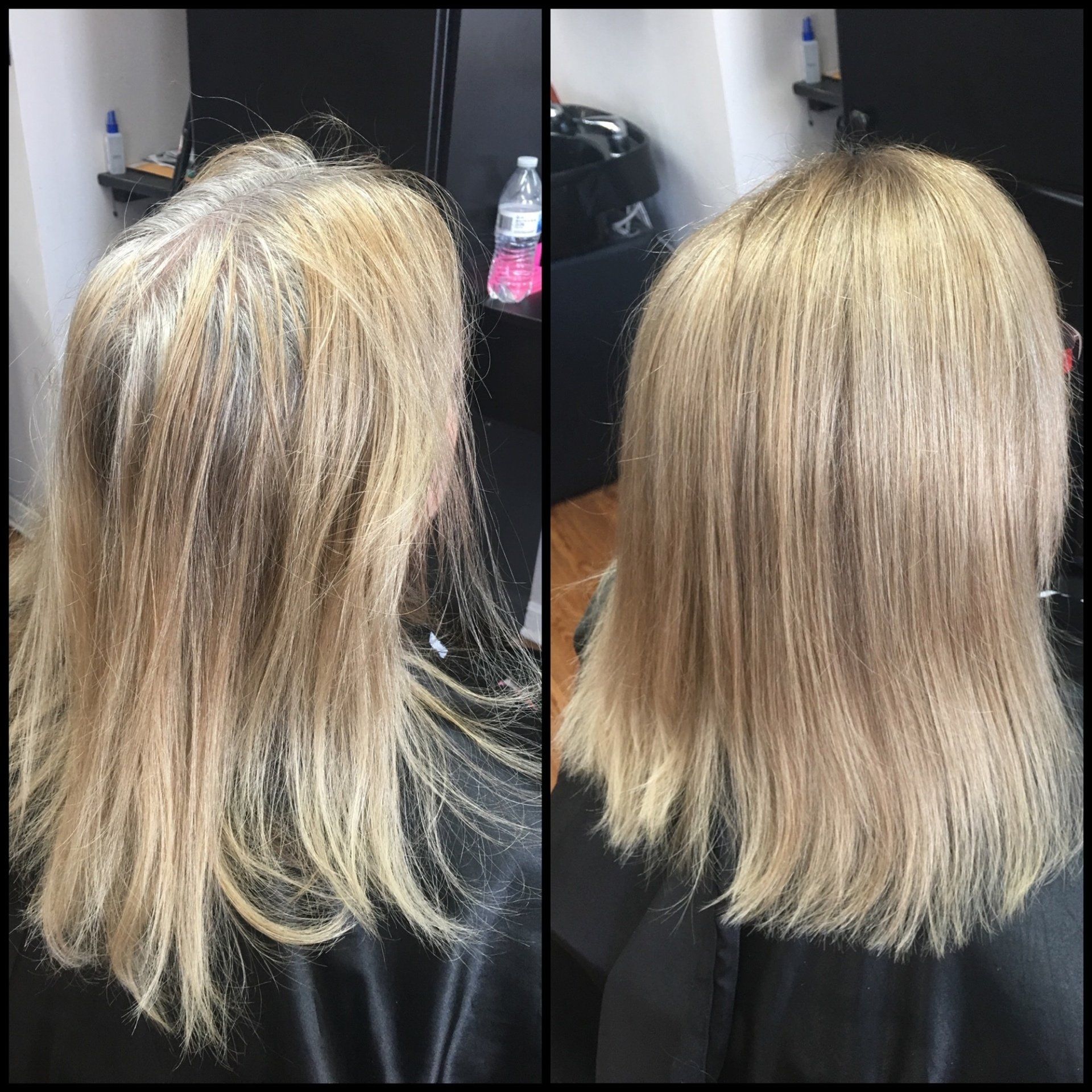 Before-and-after view of blonde hair transformation, showing smoother, more even color and ends