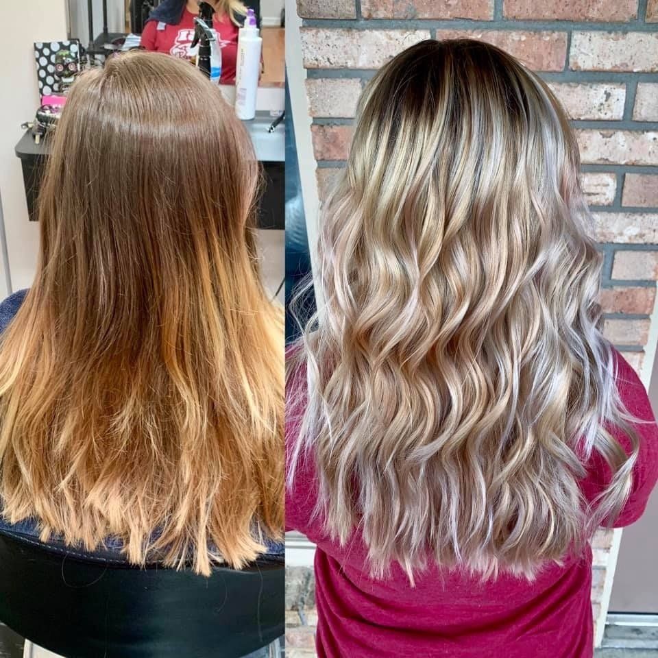 Hair makeover comparison: long straight blonde hair transformed into wavy, highlighted blonde style.