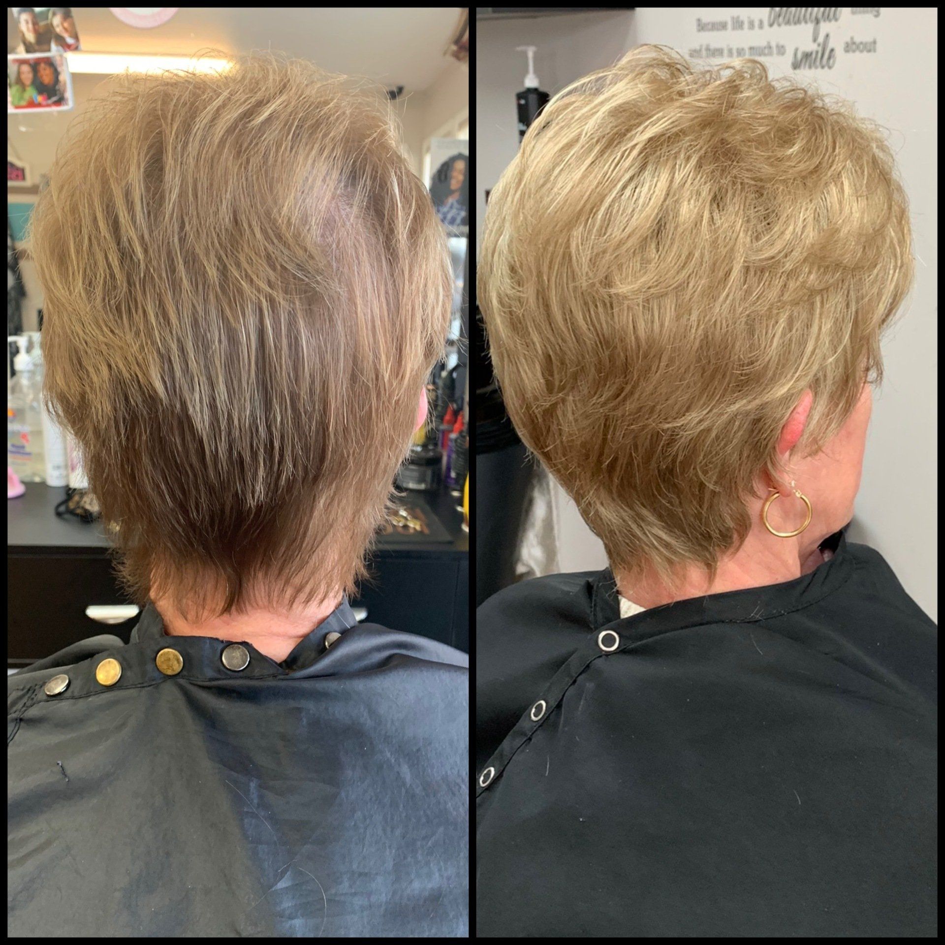 Side-by-side salon photos of a short layered blonde haircut from back and side views