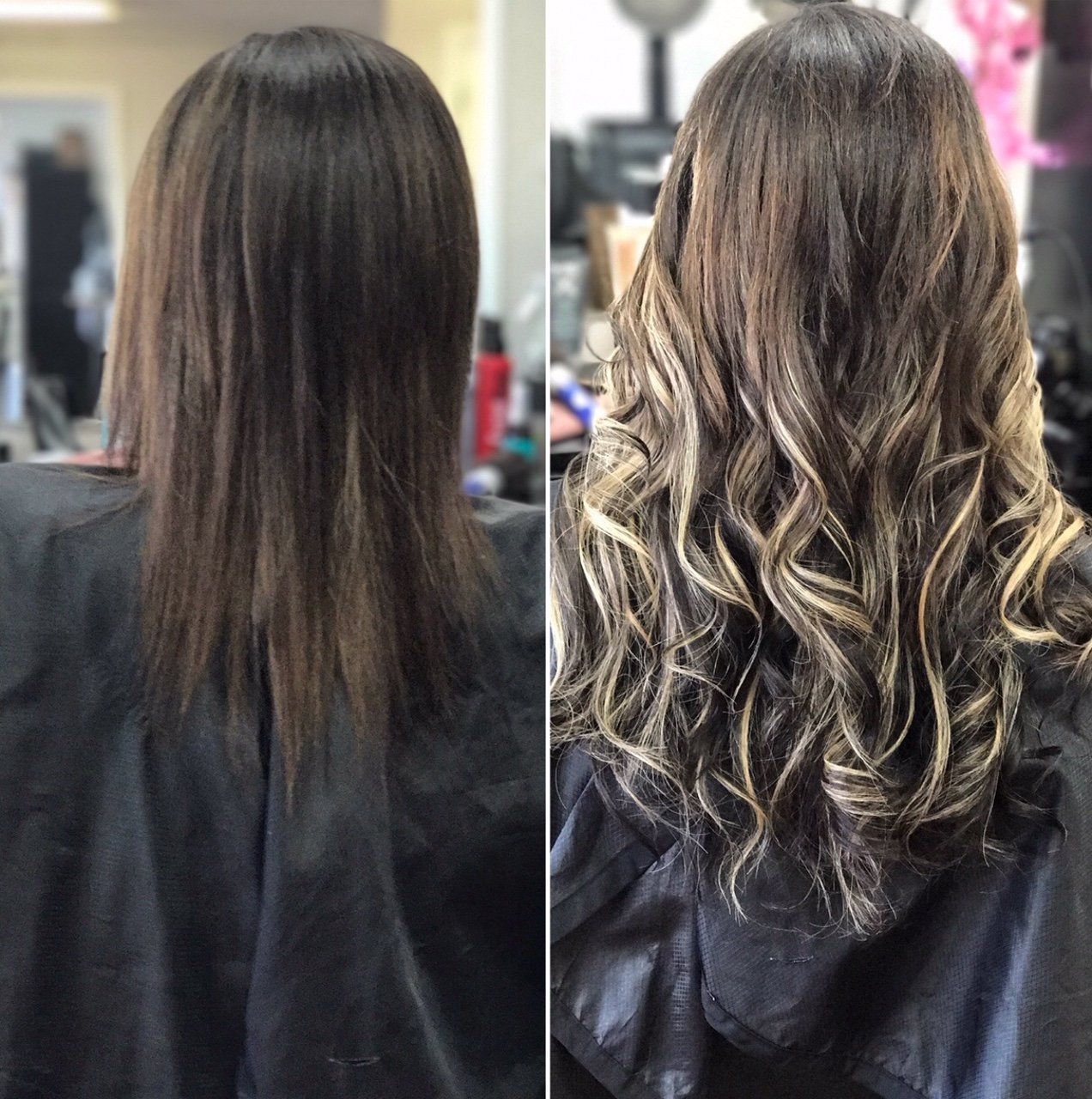 Hair transformation: long dark hair before and curled balayage after.