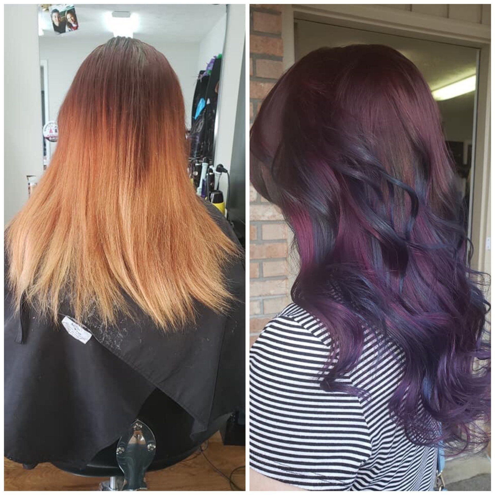 Side-by-side hair color transformation: blonde-to-purple wavy hair from back view in a salon.