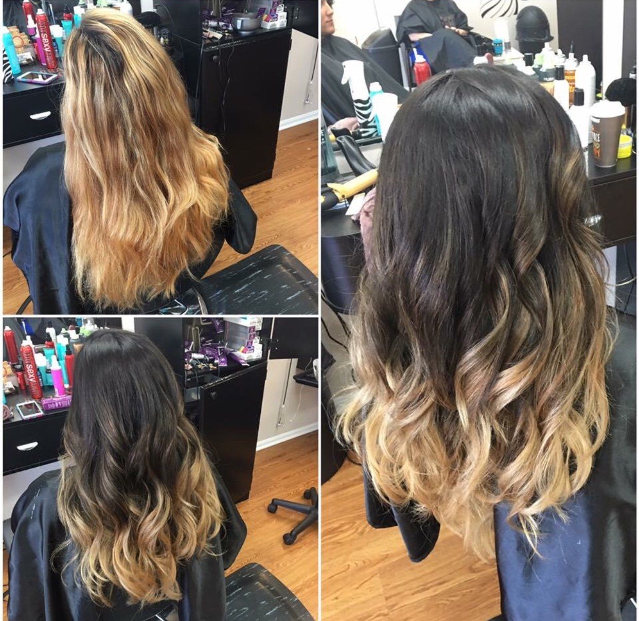 Before-and-after salon photos of long wavy hair dyed from blonde to dark brown with blonde ombré tips.