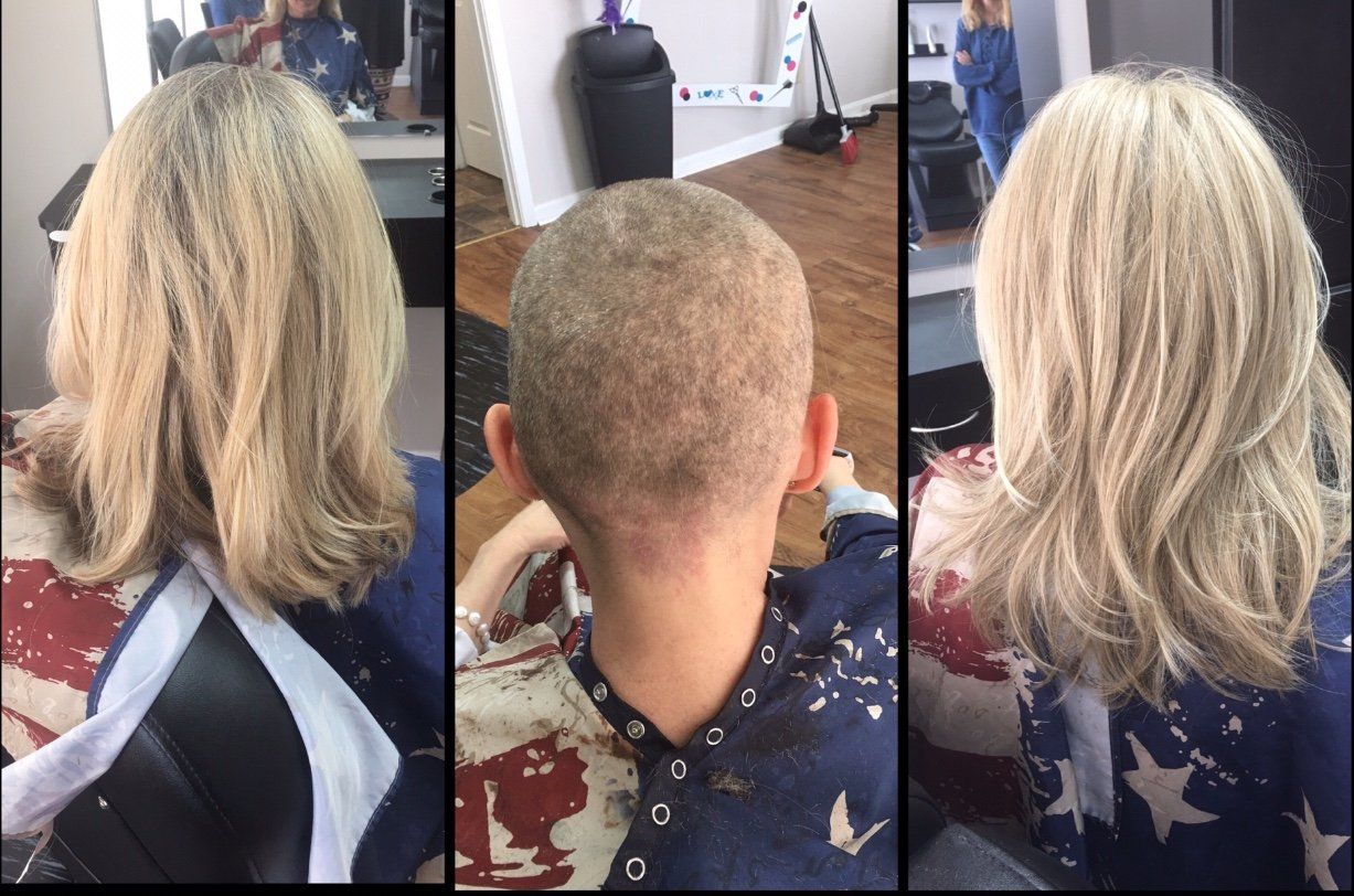 Three back-view haircut photos showing a blonde shoulder-length style, a shaved head, and wavy blonde hair with stars shirt