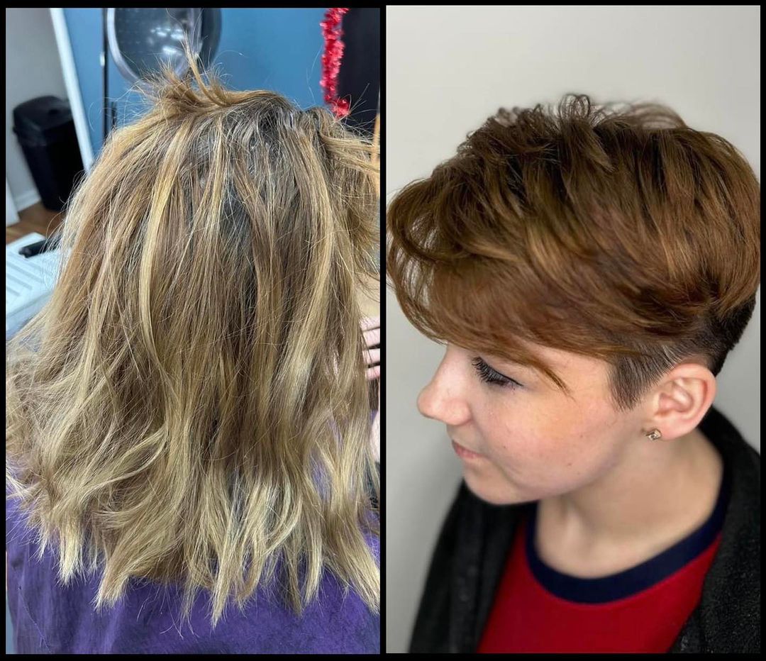 Side-by-side haircut before and after: tousled blonde hair to a short layered brown pixie cut.