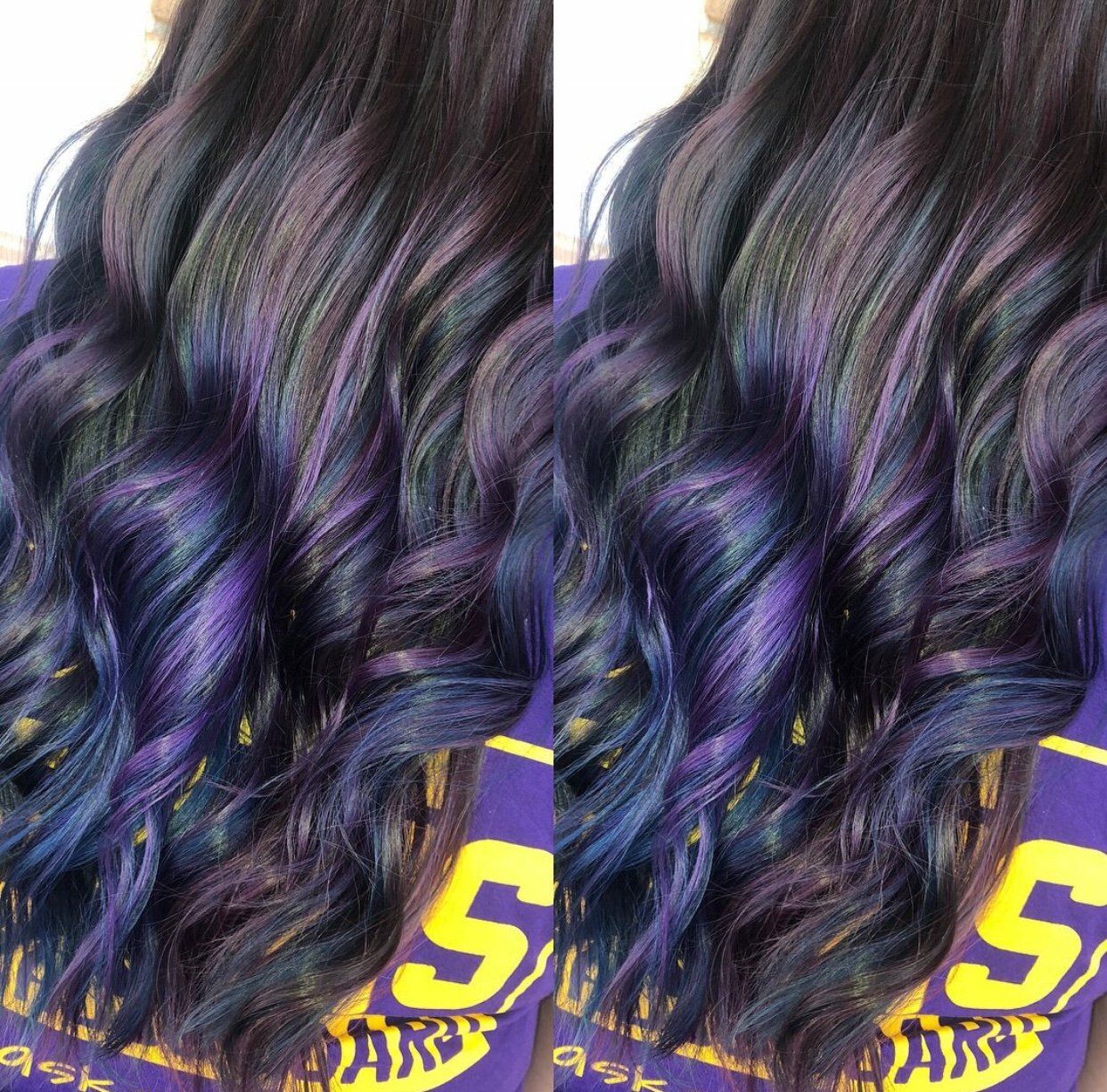 Side-by-side close-up of wavy black hair with purple highlights over a yellow and purple shirt to each side