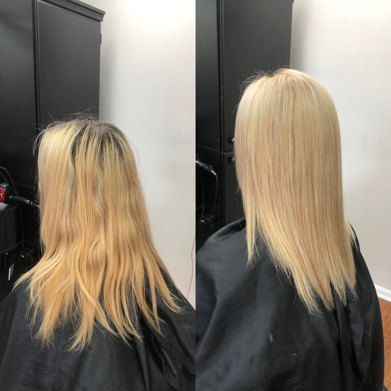Hair transformation: dark roots and brassy blonde hair before, smooth platinum blonde after.