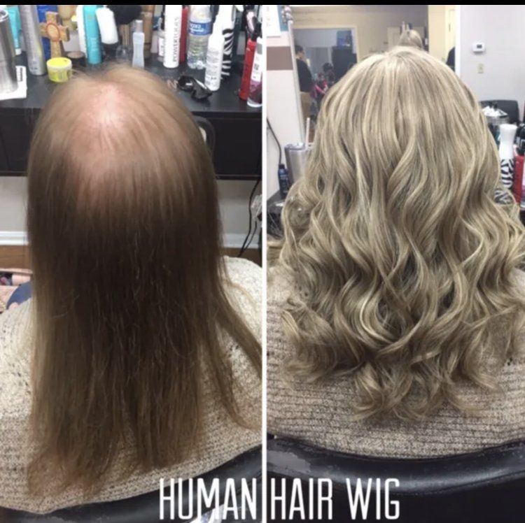 Before-and-after of a human hair wig: bald scalp top view beside a blonde wavy wig on a mannequin head