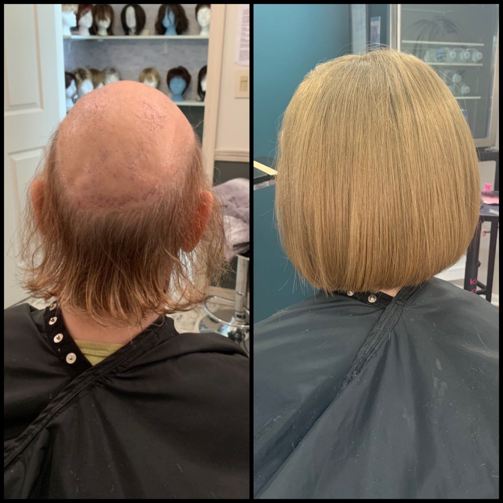 Before-and-after salon photo: thinning hair transformed into a short, blonde bob.