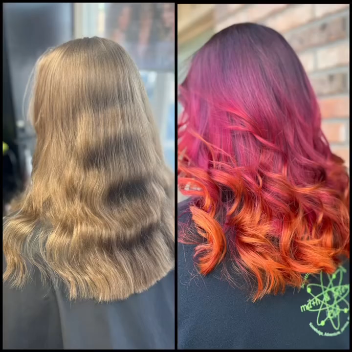 Side-by-side hair color comparison: blonde waves on the left, pink-to-orange ombré waves on the right.