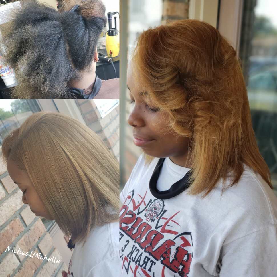 Collage of a woman’s straightened blonde hair from front, side, and back views in a salon.