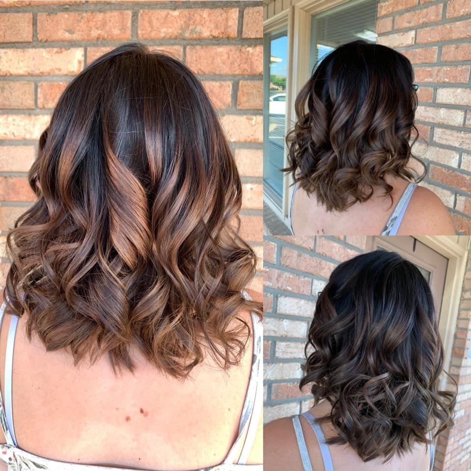 Back view of shoulder-length wavy brown hair with caramel highlights, shown in three salon angles