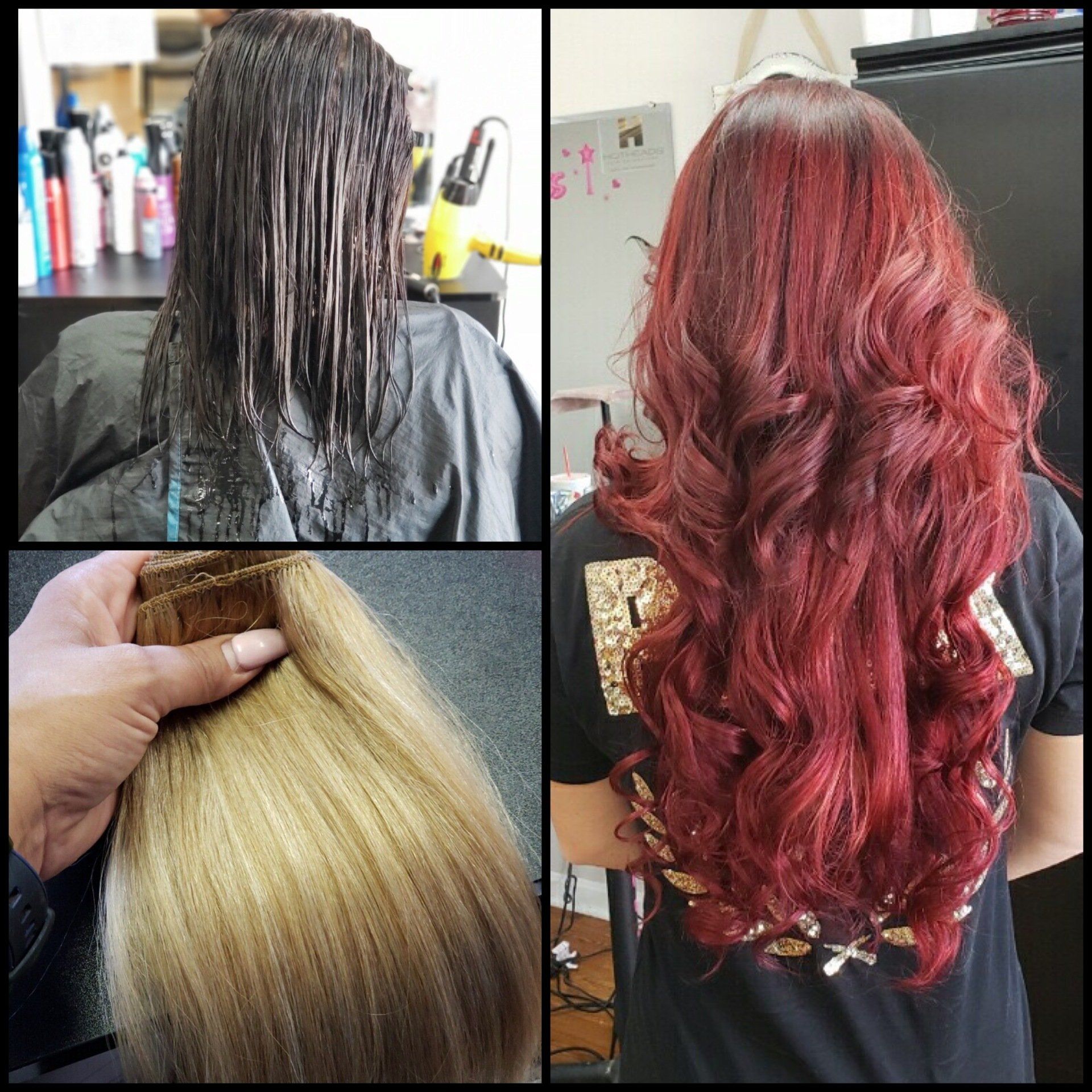 Hair transformation collage: dark hair, blonde highlight close-up, and long wavy red hair after dyeing