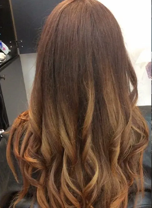 Back view of long wavy brown hair with lighter ombré ends