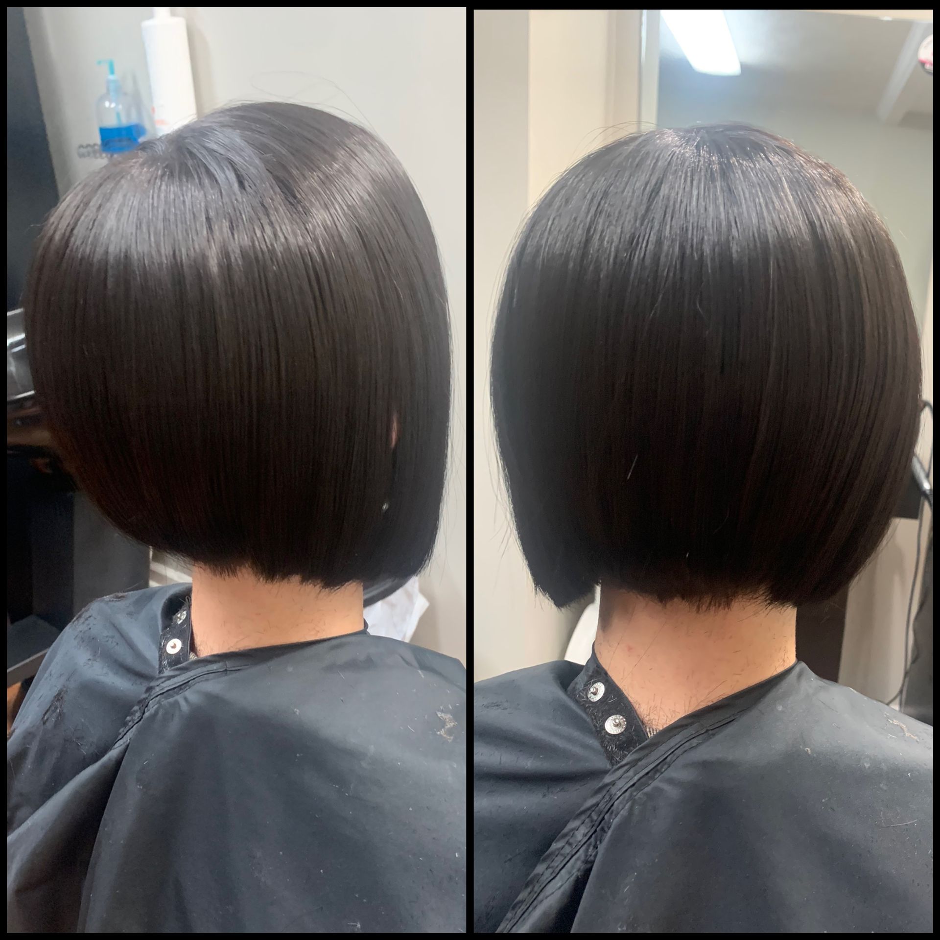 Side-by-side view of a sleek dark bob haircut from the back in a salon mirror.