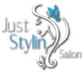 Just Stylin Salon logo with silver cursive text, blue accents, and a flowing floral silhouette