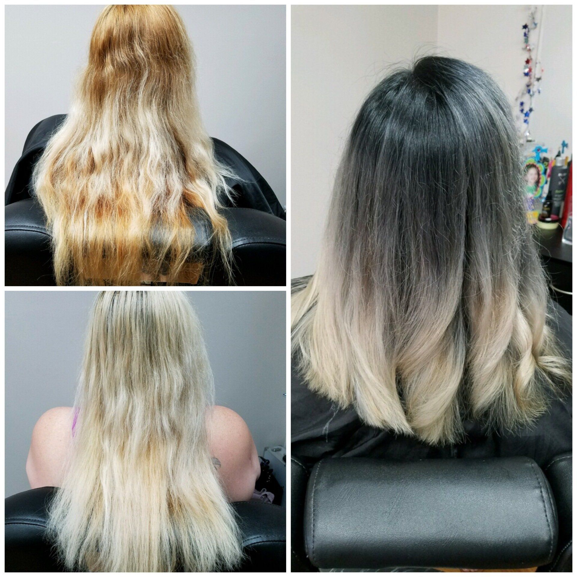 Four photos of hair before and after: long blonde hair transforming to a dark root with blonde ombré style.