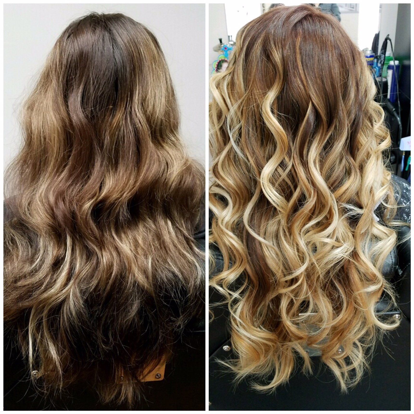 Side-by-side hair transformation: dark wavy hair to blonde highlighted curls.