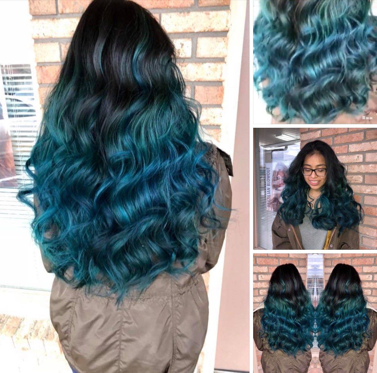 Long wavy black hair with teal ombré highlights, shown from the back and in close-up collage views.