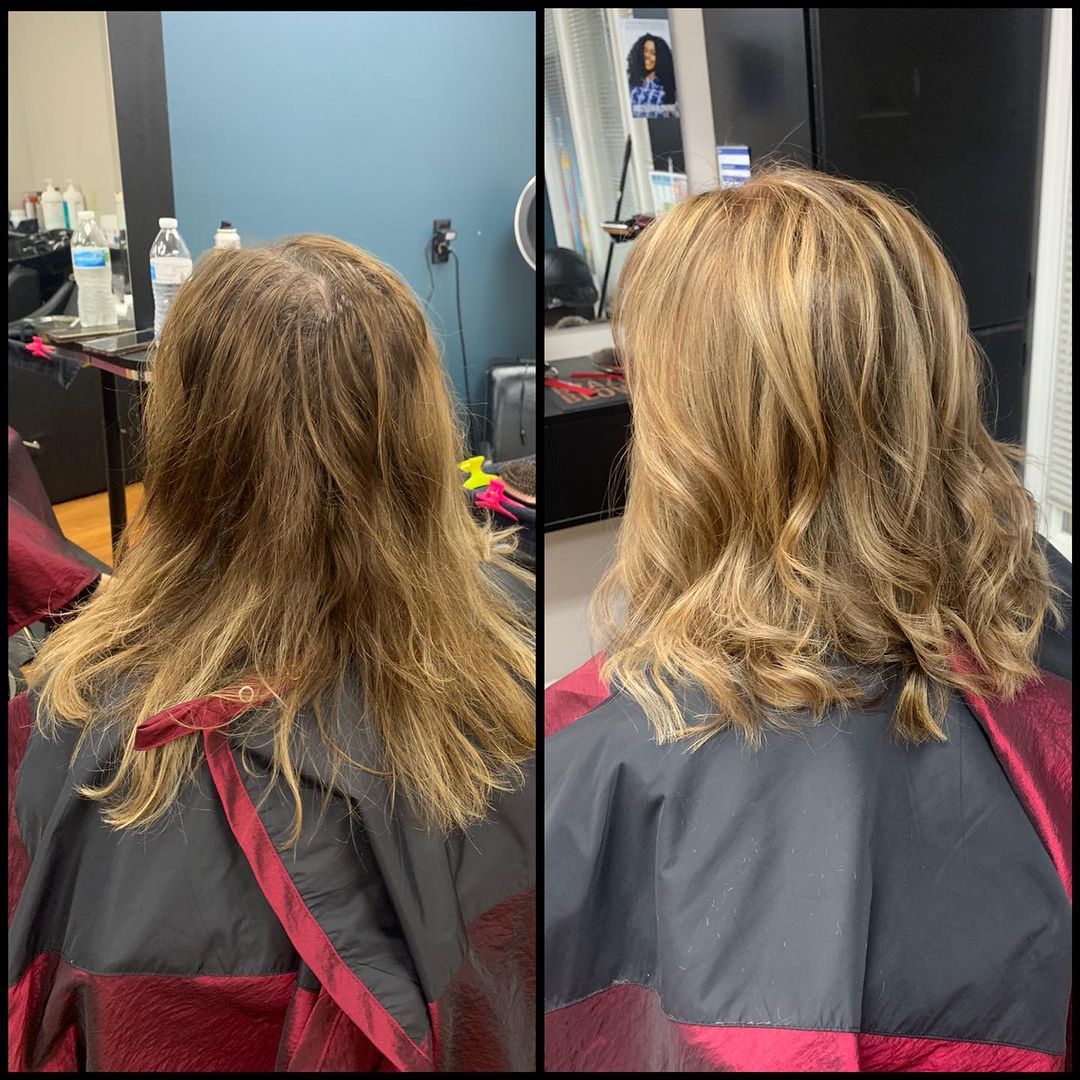 Hair salon before-and-after: blonde highlights and layered haircut on a seated client