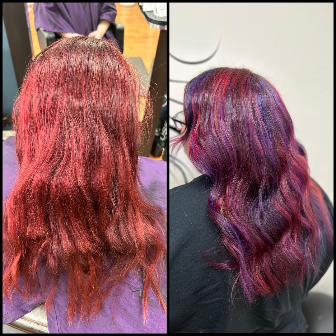 Side-by-side hair color comparison: red wavy hair before, then purple and magenta wavy hair after.