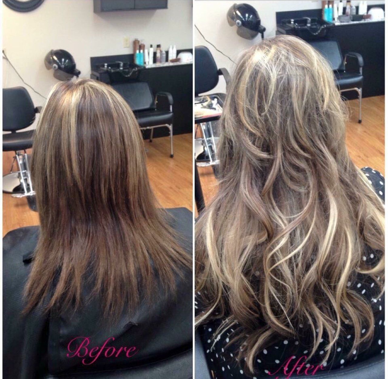 Before-and-after hair salon photo showing brunette hair transformed into highlighted, wavy blonde hair.