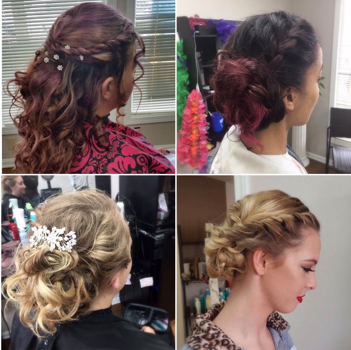 Four braided updo hairstyles with flowers and hair accessories, shown from side and back views.