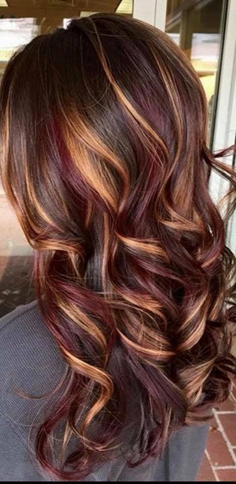Glossy curled hair with burgundy and caramel highlights viewed from the back