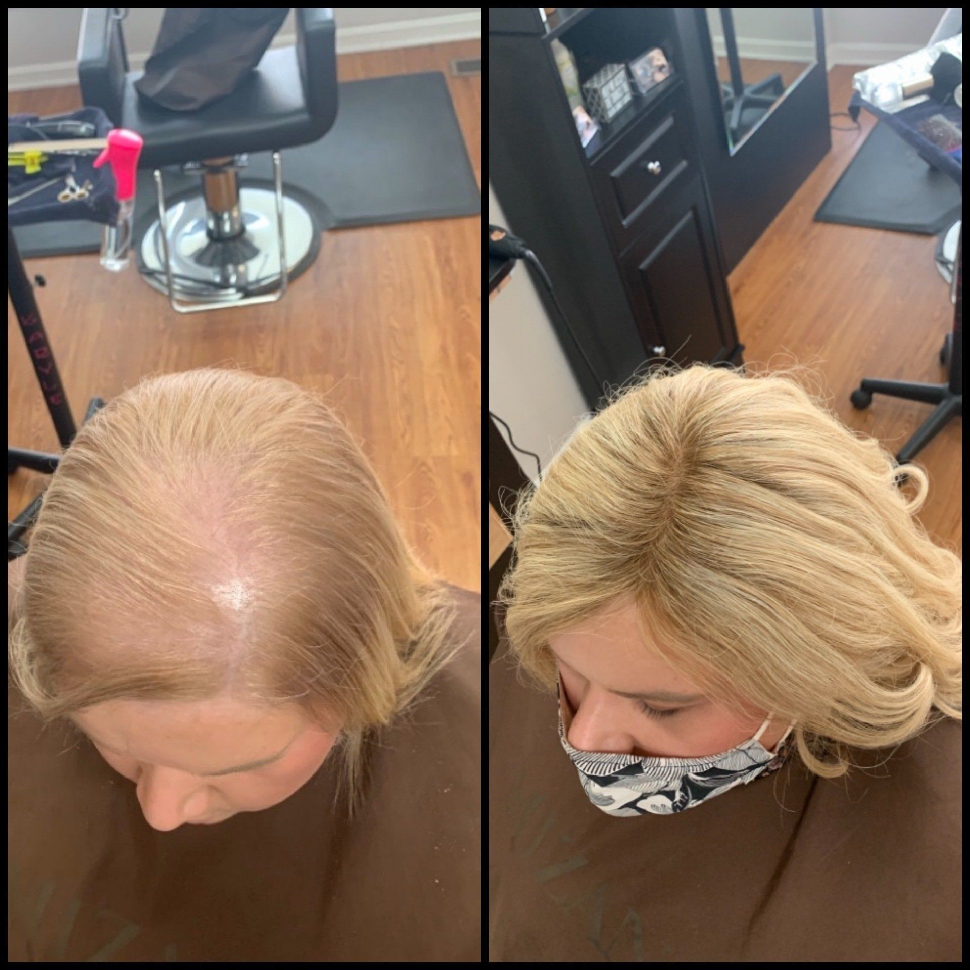 Top-down salon photos showing a blonde client’s thinning crown before and after styling, with mask in second view