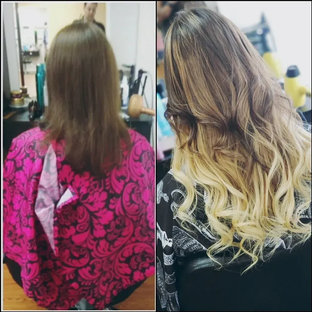 Before and after hair transformation: brown shoulder-length hair changed to blonde ombré curls.