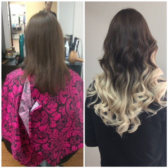 Hair color transformation: brown shoulder-length hair to long dark-to-blonde ombré curls
