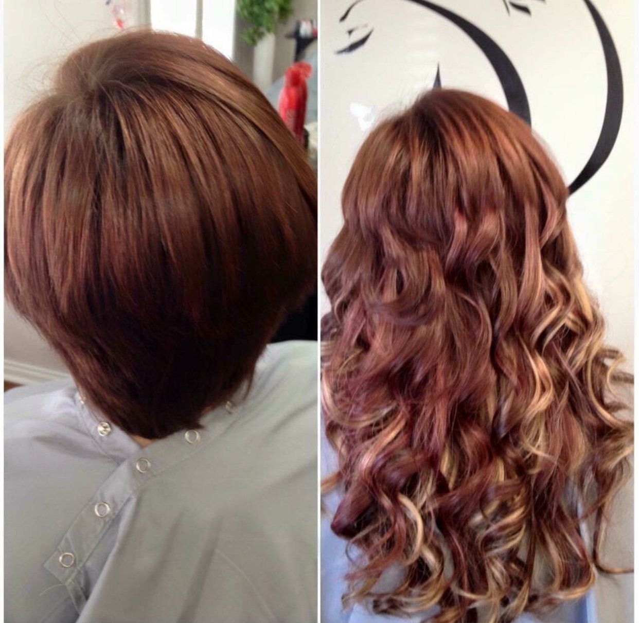 Before-and-after hair styling: short brown bob transformed into long, wavy copper curls